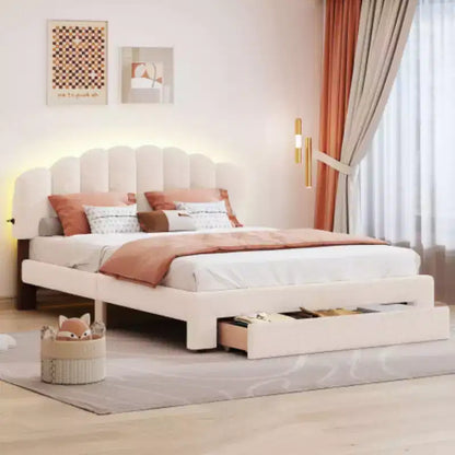 Beige Teddy Fleece Queen Size Upholstered Platform Bed Including a Drawer