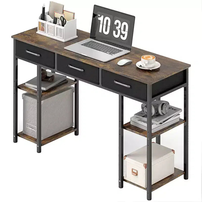 47in Writing Desk with 3 Fabric Drawers & Adjustable Shelves for Small Spaces, Black