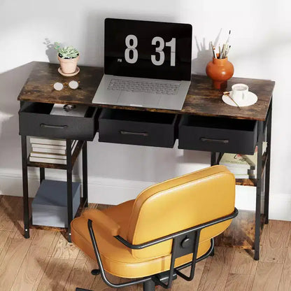 47in Writing Desk with 3 Fabric Drawers & Adjustable Shelves for Small Spaces, Black