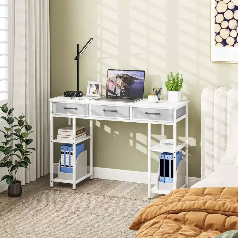 47in Writing Desk with 3 Fabric Drawers & Adjustable Shelves for Small Spaces, Black