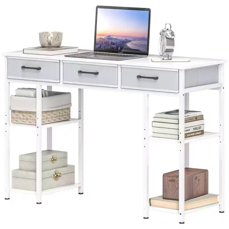 47in Writing Desk with 3 Fabric Drawers & Adjustable Shelves for Small Spaces, Black