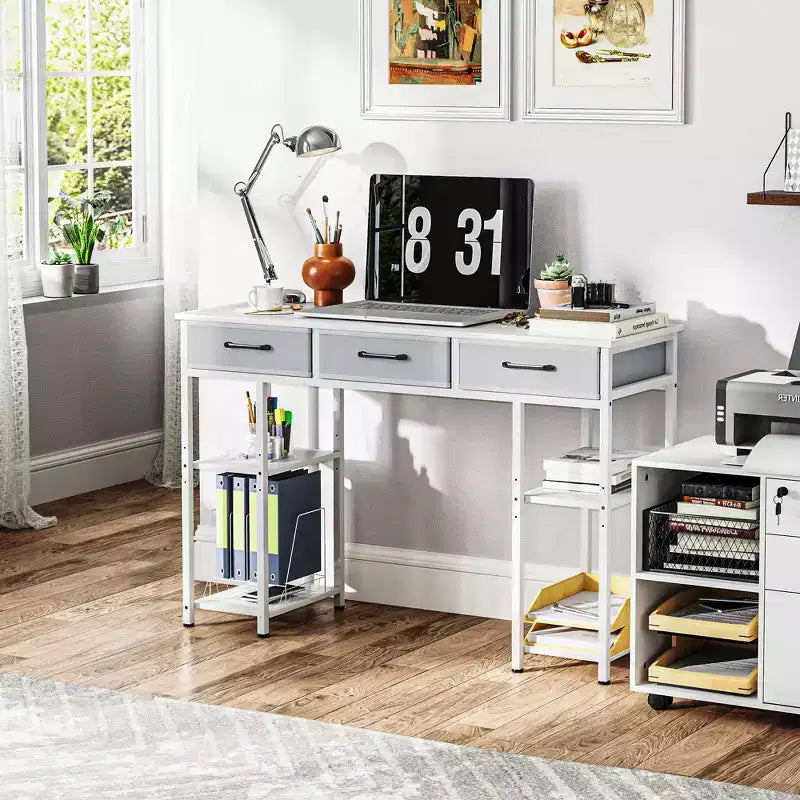 47in Writing Desk with 3 Fabric Drawers & Adjustable Shelves for Small Spaces, Black