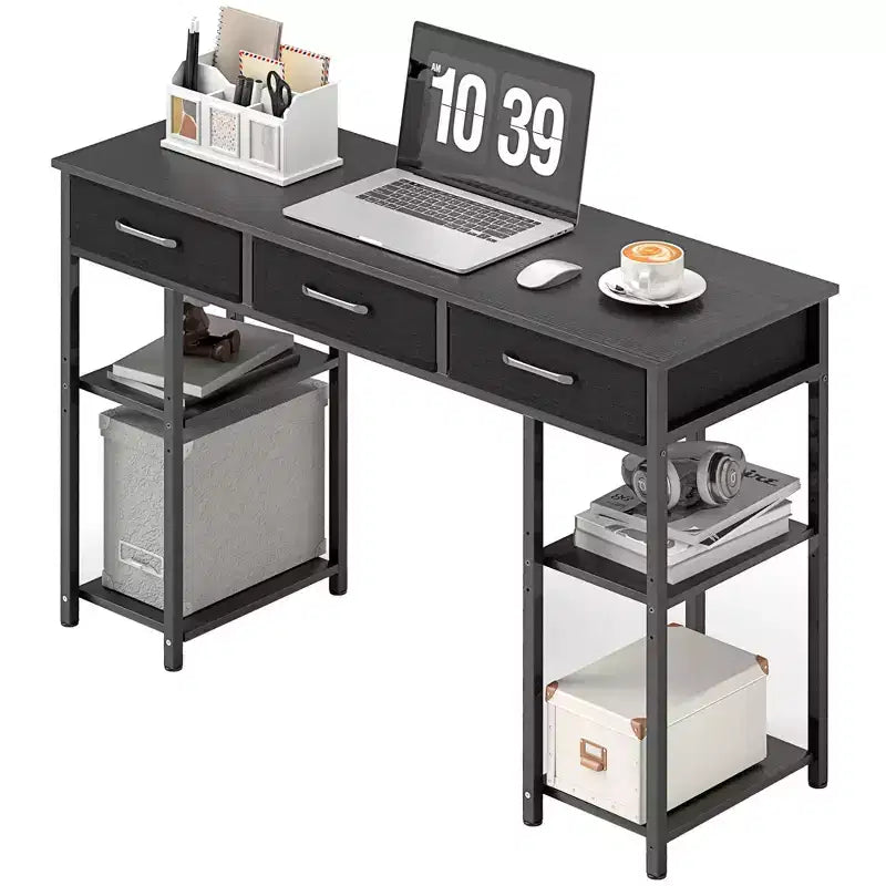 47in Writing Desk with 3 Fabric Drawers & Adjustable Shelves for Small Spaces, Black