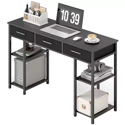47in Writing Desk with 3 Fabric Drawers & Adjustable Shelves for Small Spaces, Black
