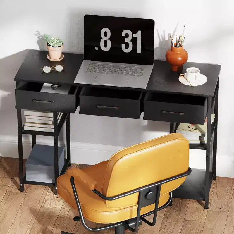 47in Writing Desk with 3 Fabric Drawers & Adjustable Shelves for Small Spaces, Black