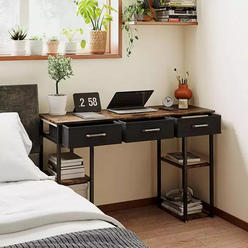 47in Writing Desk with 3 Fabric Drawers & Adjustable Shelves for Small Spaces, Black