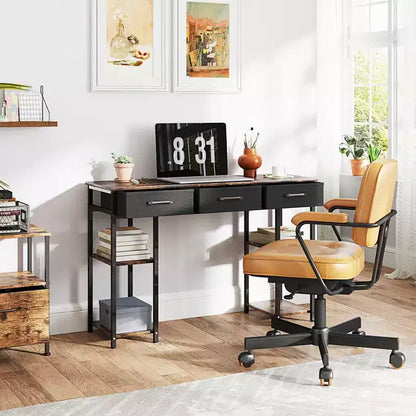 47in Writing Desk with 3 Fabric Drawers & Adjustable Shelves for Small Spaces, Black