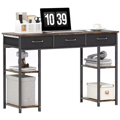 47in Writing Desk with 3 Fabric Drawers & Adjustable Shelves for Small Spaces, Black
