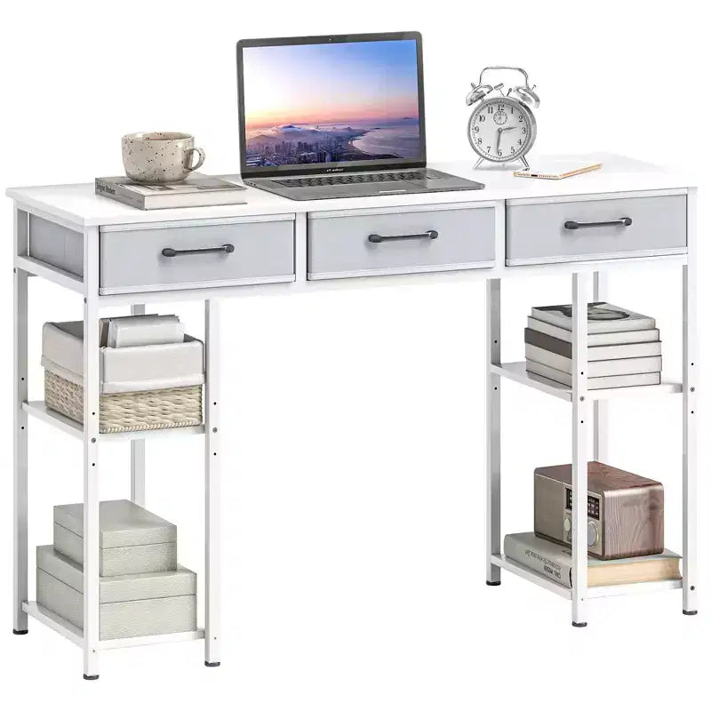 47in Writing Desk with 3 Fabric Drawers & Adjustable Shelves for Small Spaces, Black