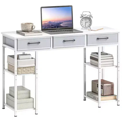 47in Writing Desk with 3 Fabric Drawers & Adjustable Shelves for Small Spaces, Black
