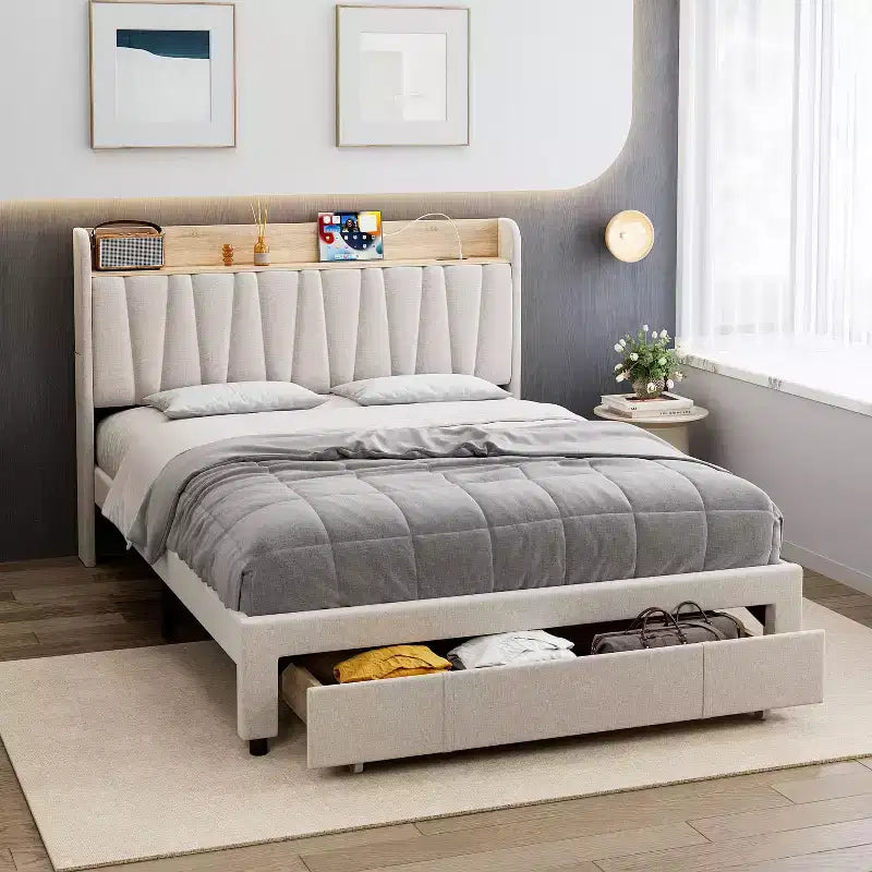 Upholstered Platform Bed Frame with 2 Storage Drawers, Storage Headboard & Charging Station