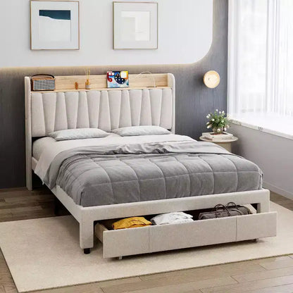 Upholstered Platform Bed Frame with 2 Storage Drawers, Storage Headboard & Charging Station
