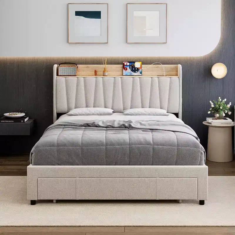 Upholstered Platform Bed Frame with 2 Storage Drawers, Storage Headboard & Charging Station