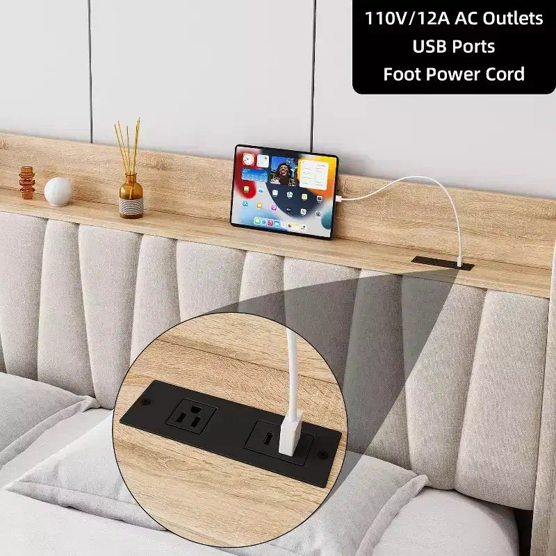 Upholstered Platform Bed Frame with 2 Storage Drawers, Storage Headboard & Charging Station