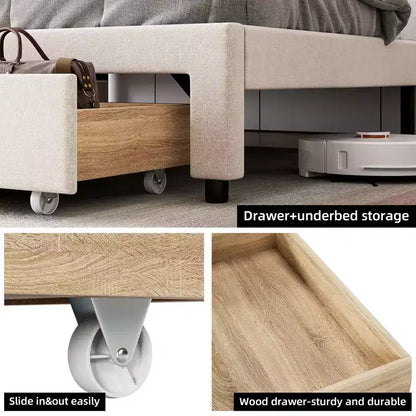 Upholstered Platform Bed Frame with 2 Storage Drawers, Storage Headboard & Charging Station
