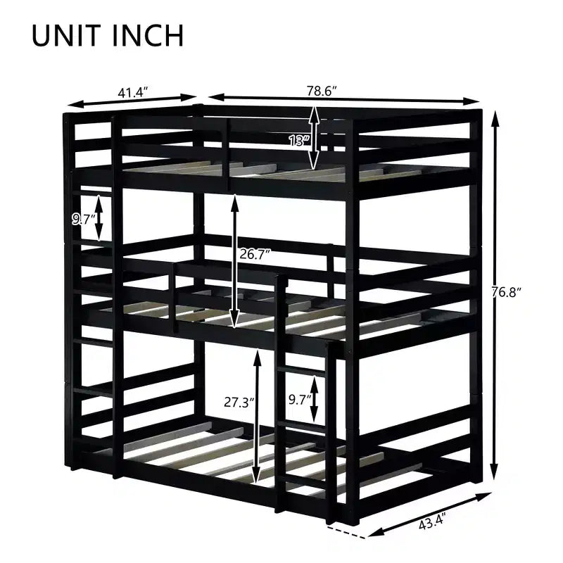 Detachable Triple Twin Bunk Bed with 2 Ladders & Guardrails, Rubber Wood, 200 lbs/Bed