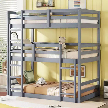 Detachable Triple Twin Bunk Bed with 2 Ladders & Guardrails, Rubber Wood, 200 lbs/Bed