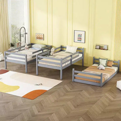 Detachable Triple Twin Bunk Bed with 2 Ladders & Guardrails, Rubber Wood, 200 lbs/Bed