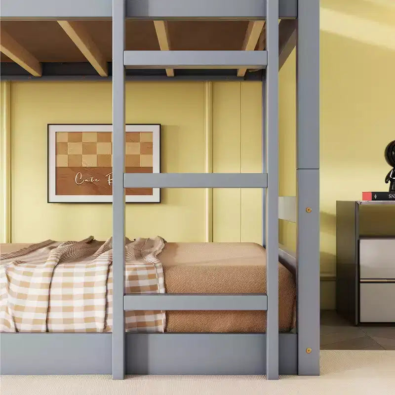 Detachable Triple Twin Bunk Bed with 2 Ladders & Guardrails, Rubber Wood, 200 lbs/Bed