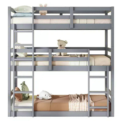 Detachable Triple Twin Bunk Bed with 2 Ladders & Guardrails, Rubber Wood, 200 lbs/Bed