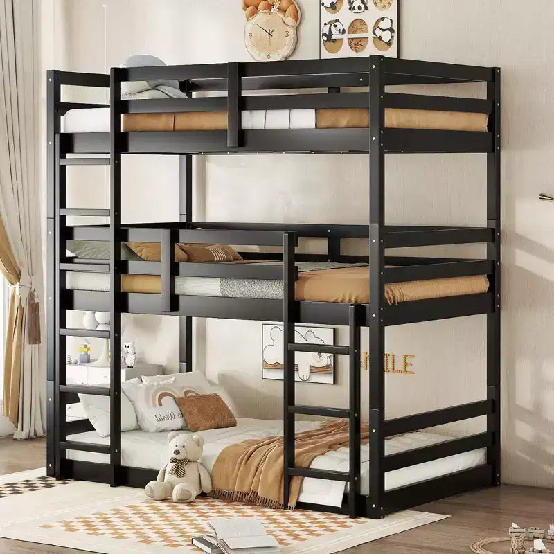 Detachable Triple Twin Bunk Bed with 2 Ladders & Guardrails, Rubber Wood, 200 lbs/Bed