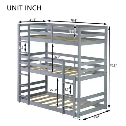 Detachable Triple Twin Bunk Bed with 2 Ladders & Guardrails, Rubber Wood, 200 lbs/Bed