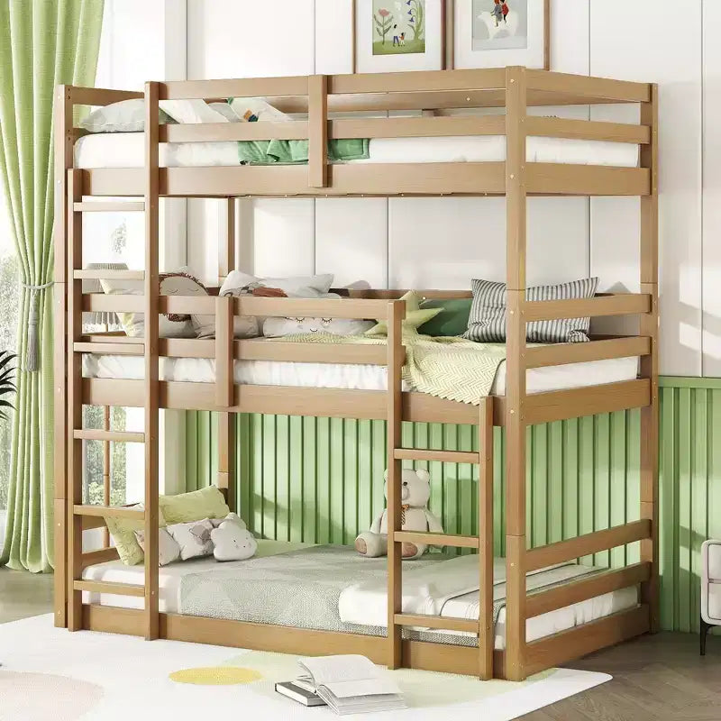 Detachable Triple Twin Bunk Bed with 2 Ladders & Guardrails, Rubber Wood, 200 lbs/Bed