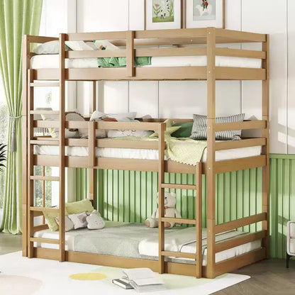 Detachable Triple Twin Bunk Bed with 2 Ladders & Guardrails, Rubber Wood, 200 lbs/Bed