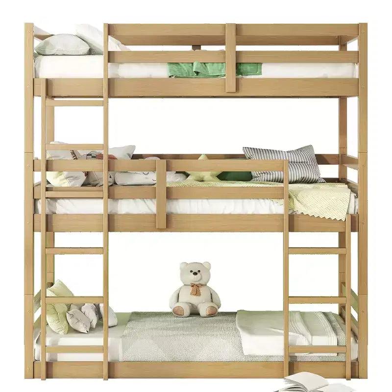 Detachable Triple Twin Bunk Bed with 2 Ladders & Guardrails, Rubber Wood, 200 lbs/Bed