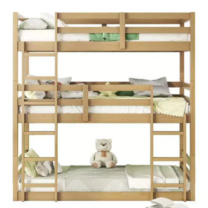 Detachable Triple Twin Bunk Bed with 2 Ladders & Guardrails, Rubber Wood, 200 lbs/Bed