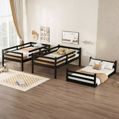 Detachable Triple Twin Bunk Bed with 2 Ladders & Guardrails, Rubber Wood, 200 lbs/Bed