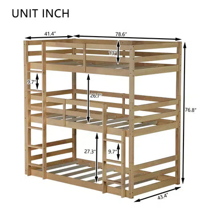 Detachable Triple Twin Bunk Bed with 2 Ladders & Guardrails, Rubber Wood, 200 lbs/Bed