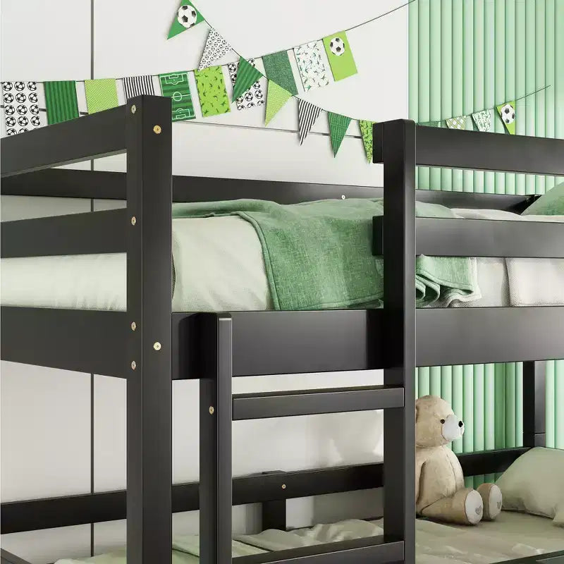 Detachable Triple Twin Bunk Bed with 2 Ladders & Guardrails, Rubber Wood, 200 lbs/Bed