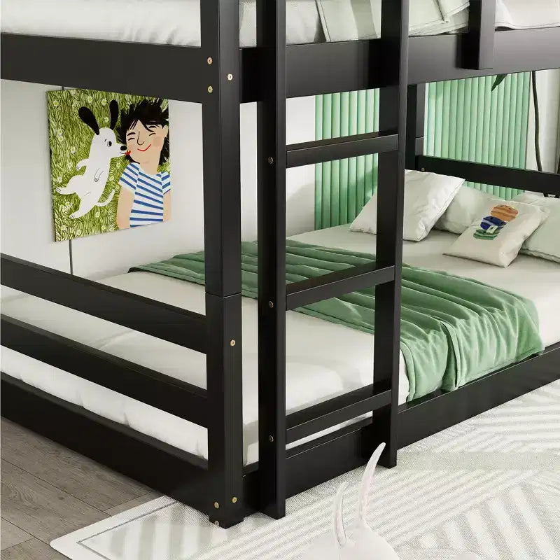 Detachable Triple Twin Bunk Bed with 2 Ladders & Guardrails, Rubber Wood, 200 lbs/Bed