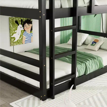 Detachable Triple Twin Bunk Bed with 2 Ladders & Guardrails, Rubber Wood, 200 lbs/Bed