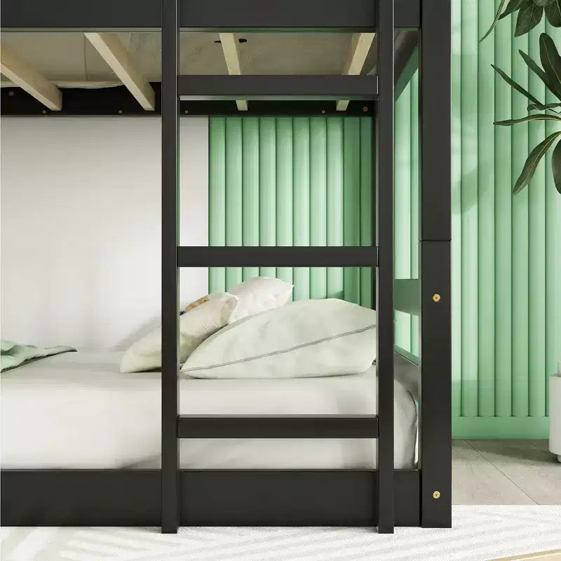 Detachable Triple Twin Bunk Bed with 2 Ladders & Guardrails, Rubber Wood, 200 lbs/Bed