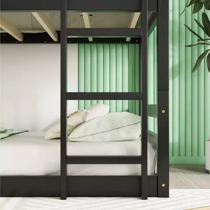 Detachable Triple Twin Bunk Bed with 2 Ladders & Guardrails, Rubber Wood, 200 lbs/Bed