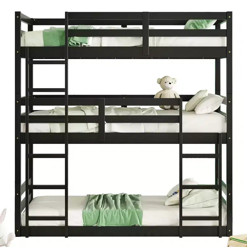 Detachable Triple Twin Bunk Bed with 2 Ladders & Guardrails, Rubber Wood, 200 lbs/Bed