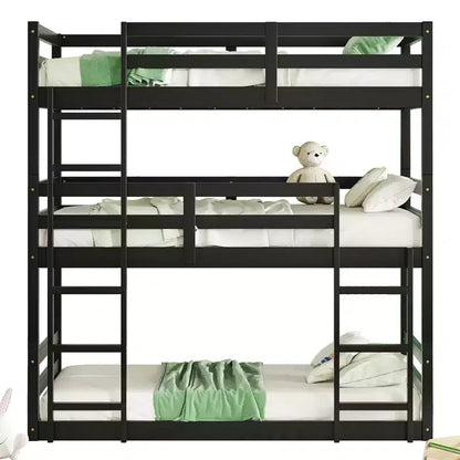 Detachable Triple Twin Bunk Bed with 2 Ladders & Guardrails, Rubber Wood, 200 lbs/Bed
