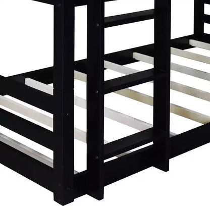 Detachable Triple Twin Bunk Bed with 2 Ladders & Guardrails, Rubber Wood, 200 lbs/Bed