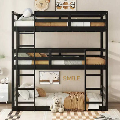 Whisen Rubber Wood Detachable Triple Twin Bunk Bed with Two Built-in Ladders and Guardrails