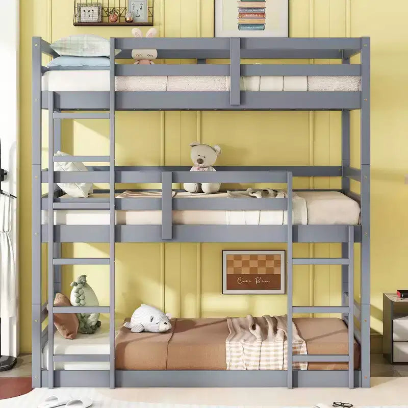 Detachable Triple Twin Bunk Bed with 2 Ladders & Guardrails, Rubber Wood, 200 lbs/Bed