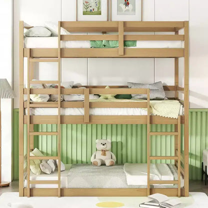 Detachable Triple Twin Bunk Bed with 2 Ladders & Guardrails, Rubber Wood, 200 lbs/Bed