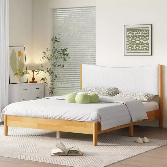 Whisen Queen Size Rubber Wooden Bed with Boucle Upholstered Headboard - Natural
