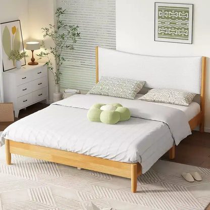 Queen Size Platform Bed with Boucle Upholstered Headboard & Underbed Storage, Natural