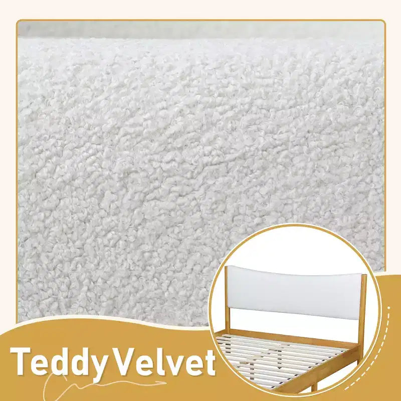 Queen Size Platform Bed with Boucle Upholstered Headboard & Underbed Storage, Natural