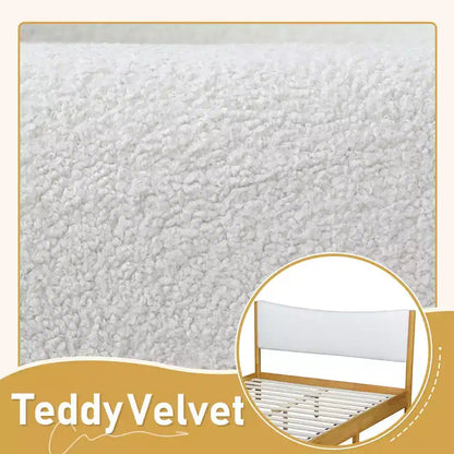Queen Size Platform Bed with Boucle Upholstered Headboard & Underbed Storage, Natural