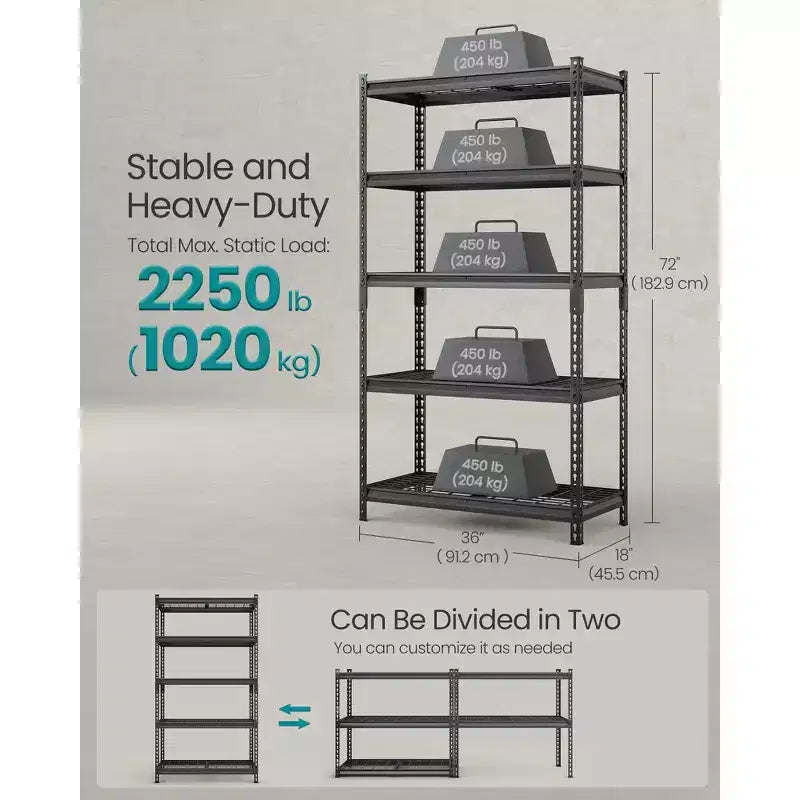 5-Tier Heavy-Duty Steel Shelving Unit with Anti-Tip Kit, 18x36x72in, 2250 lbs Total Capacity