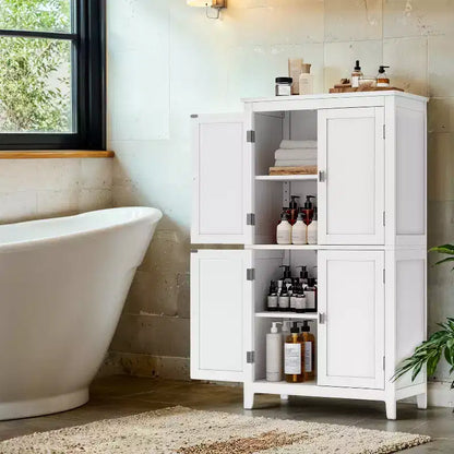 Modern Floor Storage Cabinet with Adjustable Shelves and 4 Doors - Freestanding Organizer