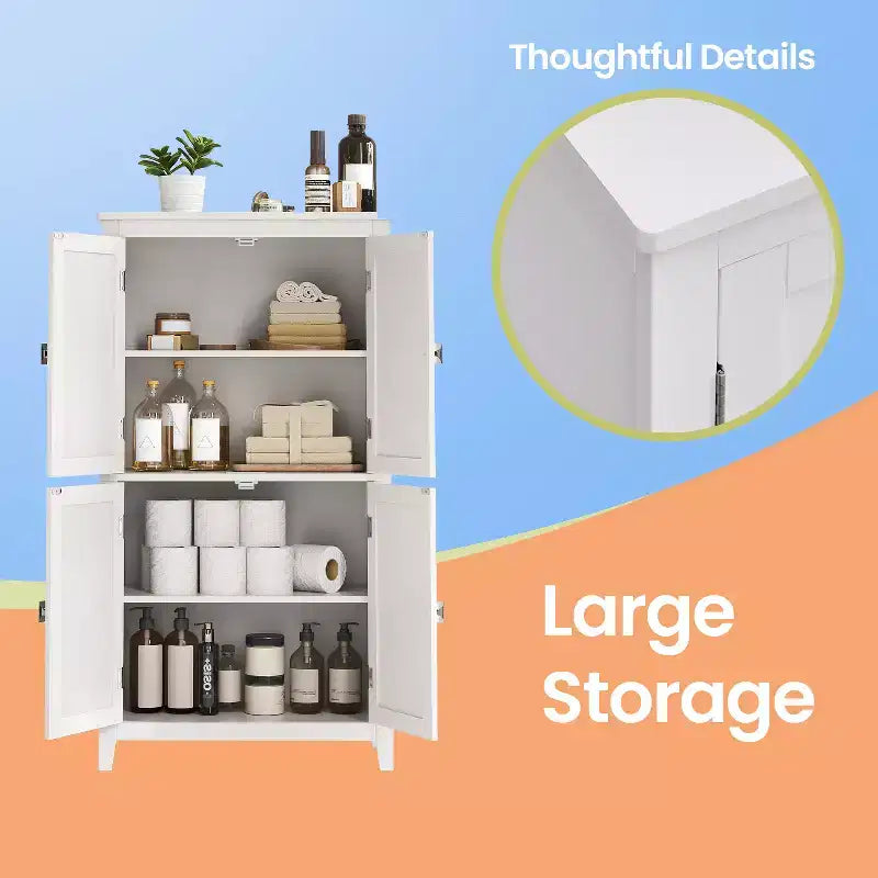 Modern Floor Storage Cabinet with Adjustable Shelves and 4 Doors - Freestanding Organizer